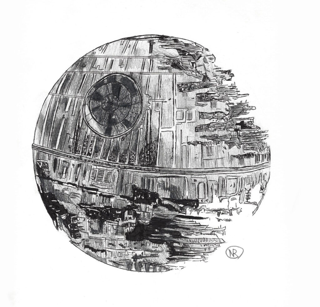 Detailed Black and White Pen of Star Wars Death Star by NYC art high school student